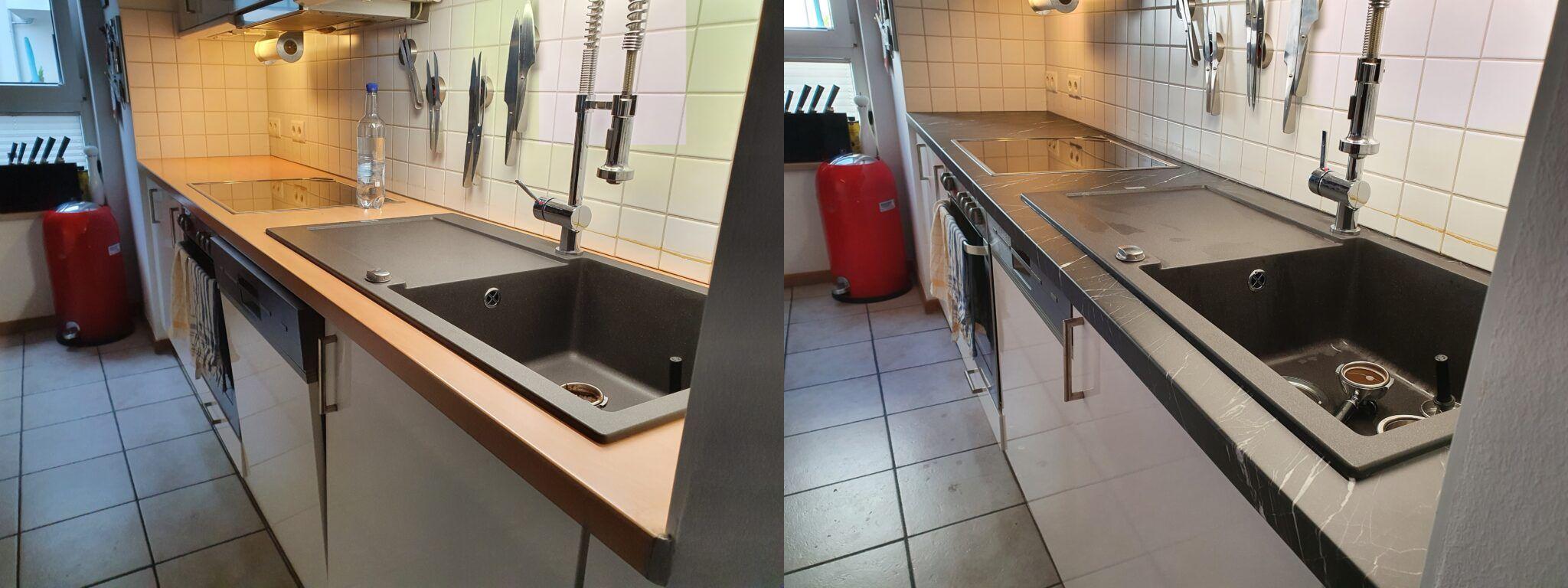 Arbeitsplatte foliert. Vorher Nachher Effekt
